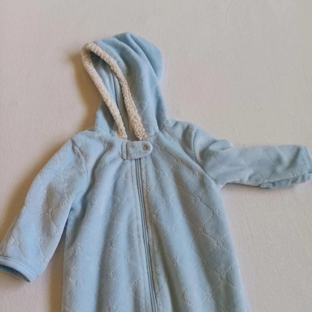 Blue Hooded Footie One Piece with Enclosed Feet Sz 3-6M With Zipper